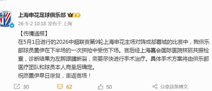 盖伊重伤；杨翼：申花需做好夏窗召回外租前锋阿苏埃的预案